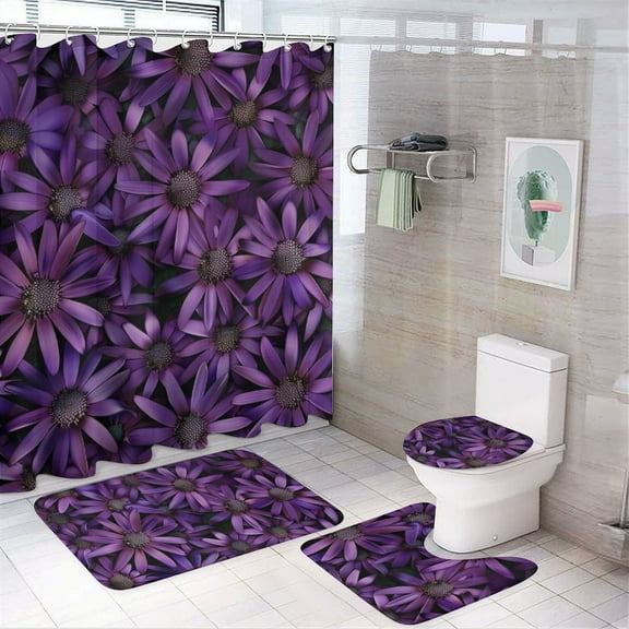 Purple Flower 4 Pcs Bathroom Shower Curtain Set, Bathroom Sets with Rugs (Bath Mat, U Shape and Toilet Lid Cover Mat) and 12 Hooks,