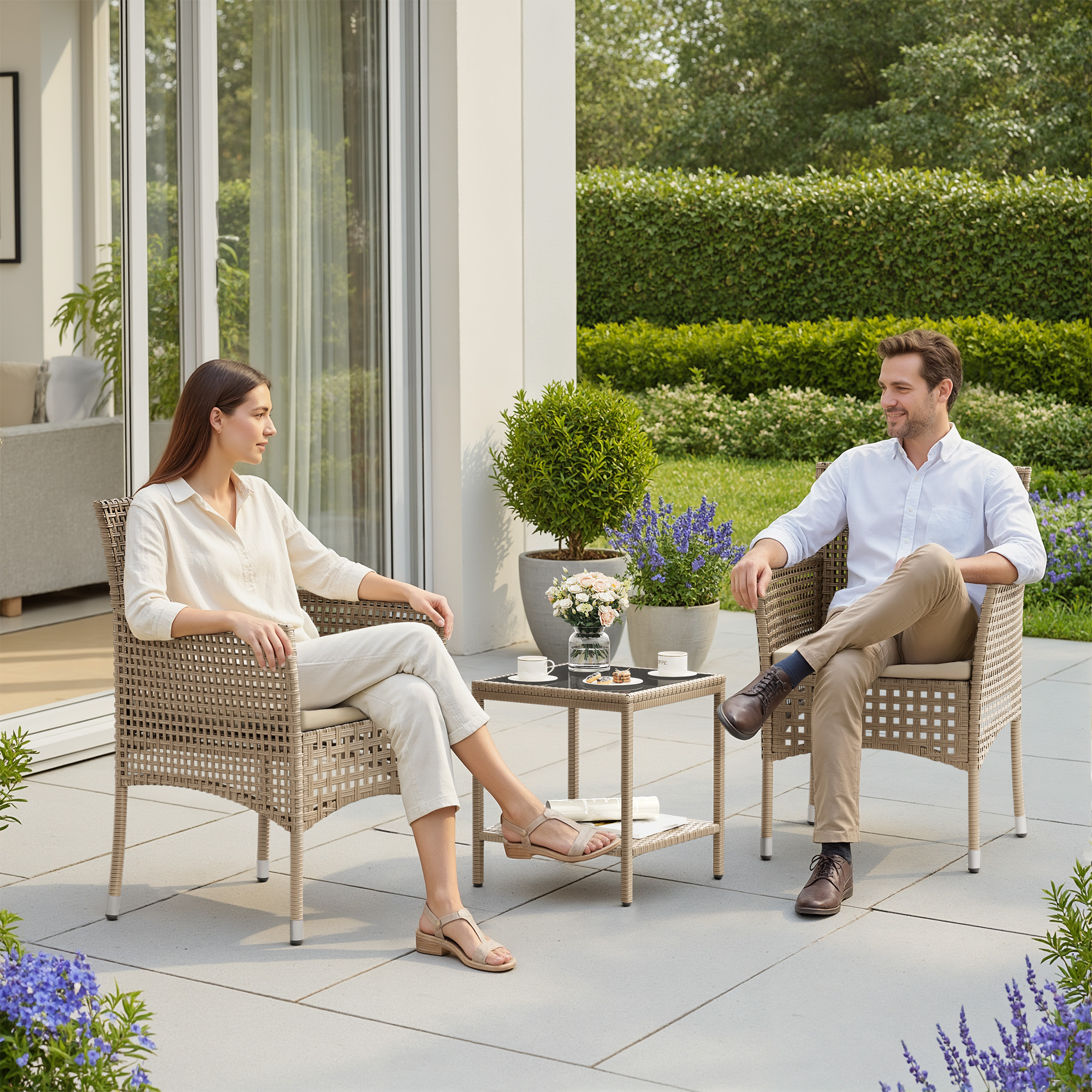 Lacoo 3 Pieces Outdoor conversation Set Rattan Patio Furniture Bistro Chat Chairs Set of 2 with Table for Garden Porch, Gray