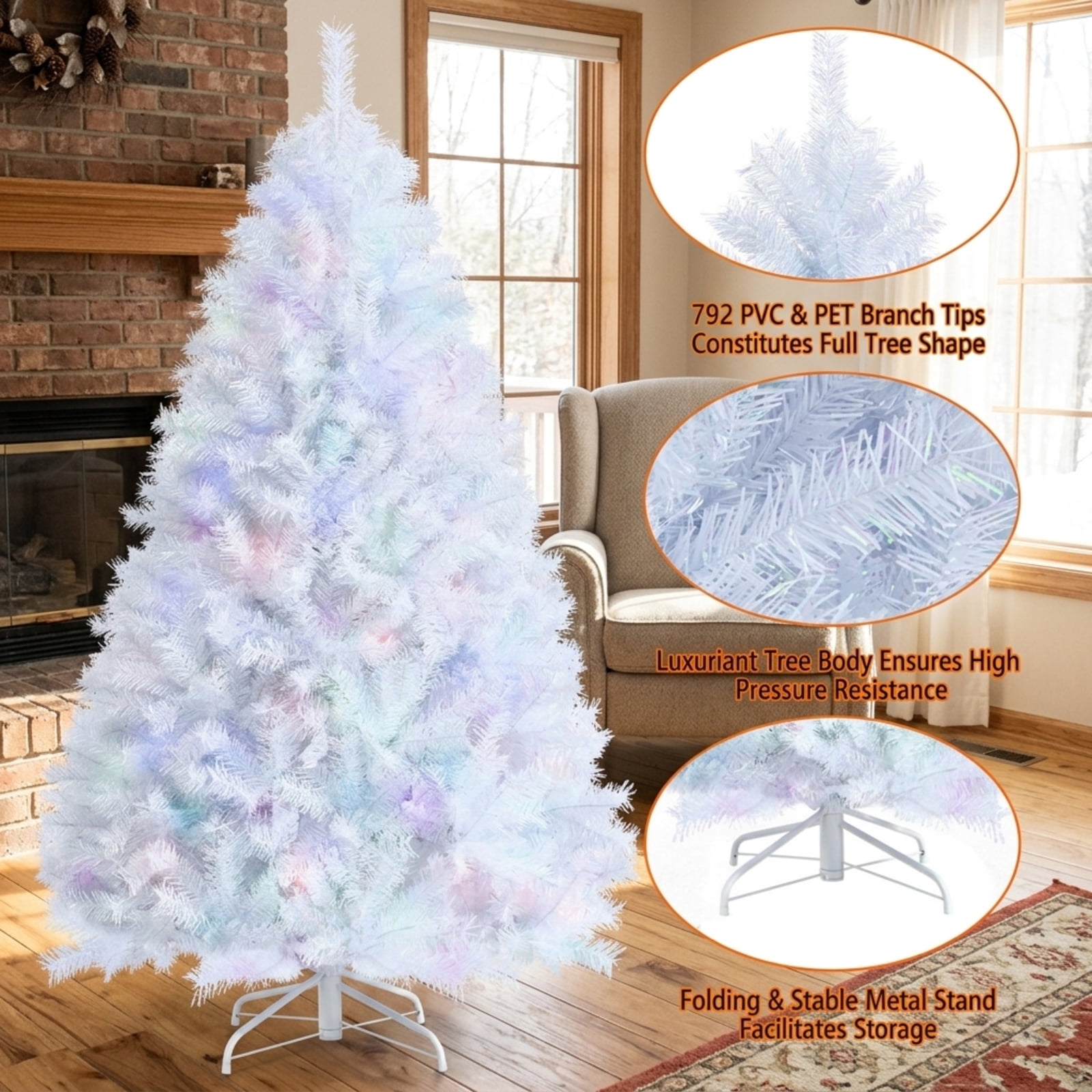 RUIE, 6 ft, Artificial Christmas Tree, with Metal Stand, 792 Branch Tips, White Holiday Xmas Tree for Indoor Home Office Decoration