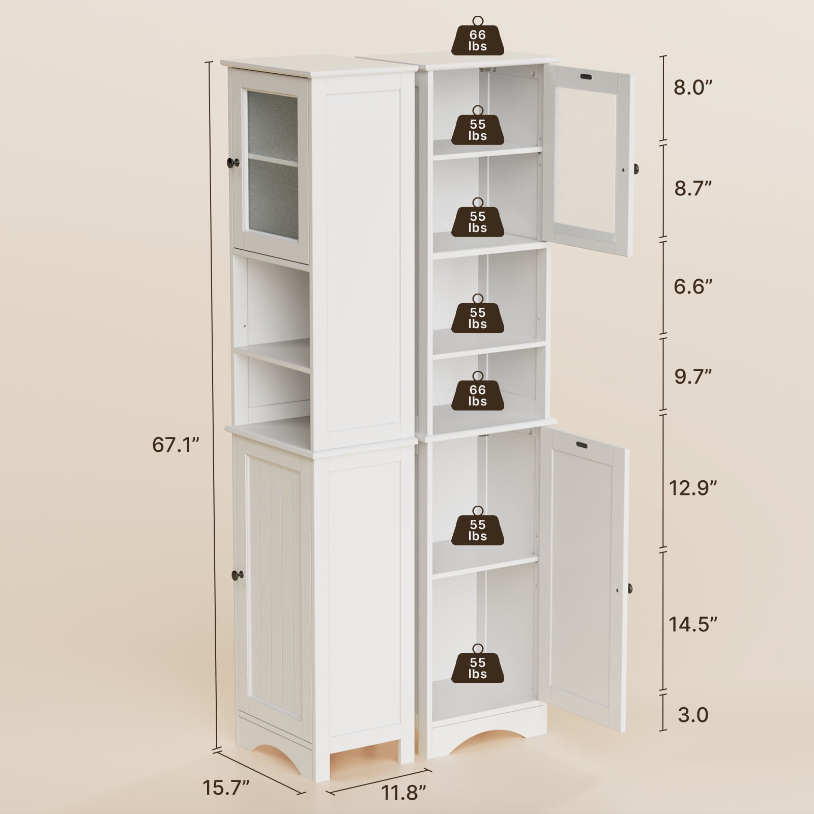 Tall Bathroom Storage Tower, 67.1" Bathroom Cabinet with Adjustable Shelves and Open Shelves for Bathroom, Living Room,White