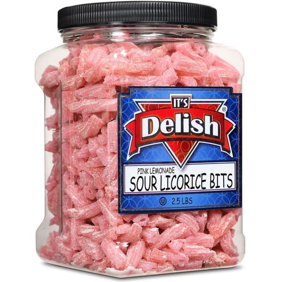 Sweet & Sour Pink Lemonade Licorice Bits by Its Delish, 2.5 LBS 40 Oz Jumbo Container Jar  Original Style Chewy Lemonade Flavor Candy Twists  Great Gifts Party Sweets  Made in USA, Vegan, Kosher