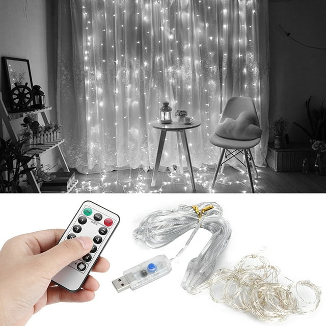 Cadena 3x1m 100LED USB Control Remoto Cadena De Luz Con Cable De Cobre 8 Modos Para Decoración De Lámpara De Cortina De Boda De Fiesta