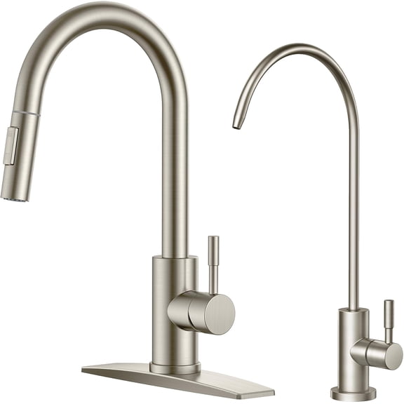 Kitchen Faucet and Water Filter Faucet Combo, Stainless Steel Traditional Sink Faucet with Drinking Water Faucet Fits Reverse Osmosis, Water Filtration System and Pot Filler, Brushed Nickel
