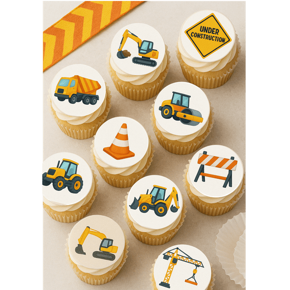 24 Construction Edible Cupcake Toppers – 1.5” Wafer Paper DIY Cutouts