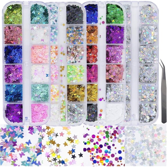 4 Boxes Holographic Nail Glitter Mixed Butterfly Heart Star Sequins Iridescent Flakes Fruit Nail Slice for Nail Art Decorations Supplies
