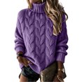 thumbnail image 2 of Womens Chunky Cable Knit Pullover Solid Color Turtleneck Long Sleeve Knitted Sweater Loose Casual Fall Winter Top Purple XL, 2 of 4