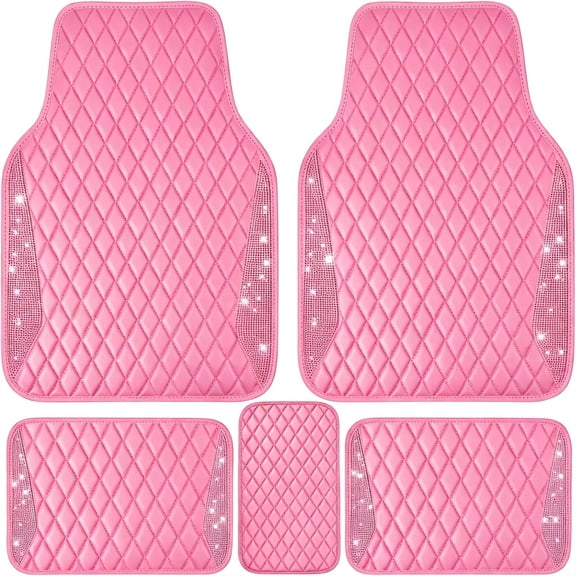 RLESO Bling Leather Car Mats Shining Diamond Floor Mats Crystal Rhinestones Sparkly Glitter Carpet Anti-Slip Waterproof Pad Universal Fit for Automotive Suv,Sedan,Van,5Pcs for Girl Women Pink