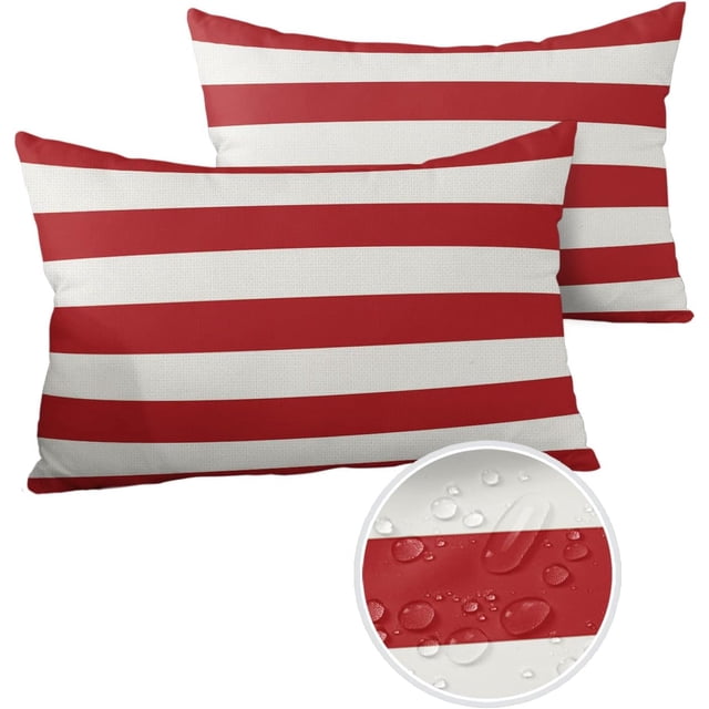 Coussins d'Extérieur Rayures de Noël Rouges Housses de Coussin Imperméables Géométriques Rouge Blanc Polyester Housses de Coussin de Jardin Décoratives pour Décoration de Canapé de Patio Ensemble de 2