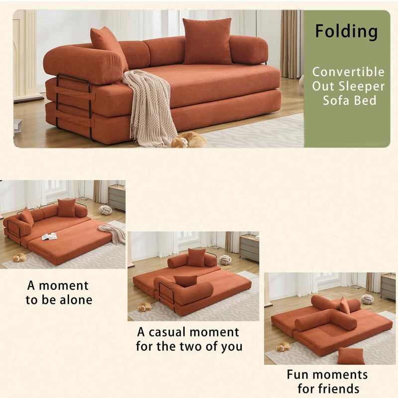 Timbernest 78.5" King Size Sofa Bed, 4 in 1 Convertible Sofa bed, Corduroy Boneless Floor Sleeper Sofa, Orange
