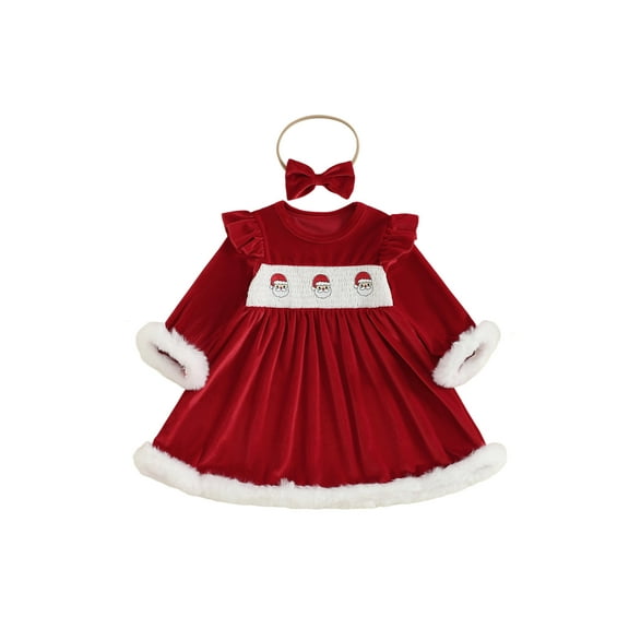 Miaouyo Toddler Baby Girl Christmas Velvet Dress 6 12 18 24 Months 2T 3T 4T Santa Claus Embroidery Round Neck Long Sleeves A Line Dress Bow Headband