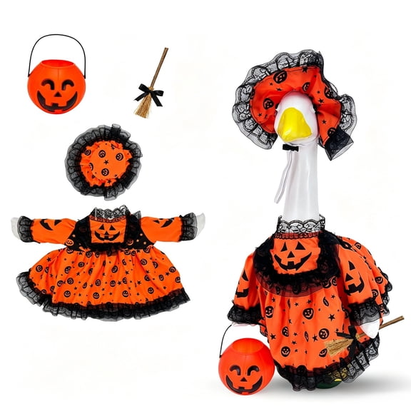 Halloween Porch Goose Outfit Pumpkin Dress with Witch Hat, Goose for 17 Inch Statue, Outdoor Lawn Decor Yard Garden Display