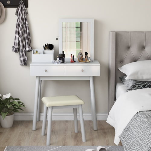 Astarth Vanity Set With Mirror Rasoo White Dressing Table Makeup Organizer Desk Lockable Jewelry Storage Cabinet 2 Sliding Drawers Box Cushioned Stool Com Lockable Jewelry Storage Cabinet, Makeup Armoire Vanity