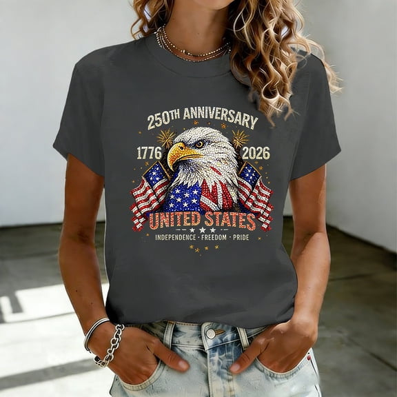 WJJIAO Women's 250th Anniversary Print Shirt Bald Eagle and USA Flag 250 anniversary usa flag Patriotic Tshirt