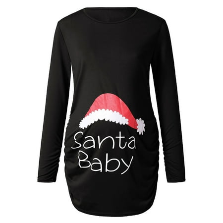 When's Christmas 2019 Women's Print Christmas Side Ruched Long Sleeve Maternity Top 2019 hot sales Pregnantcy Clothes ()