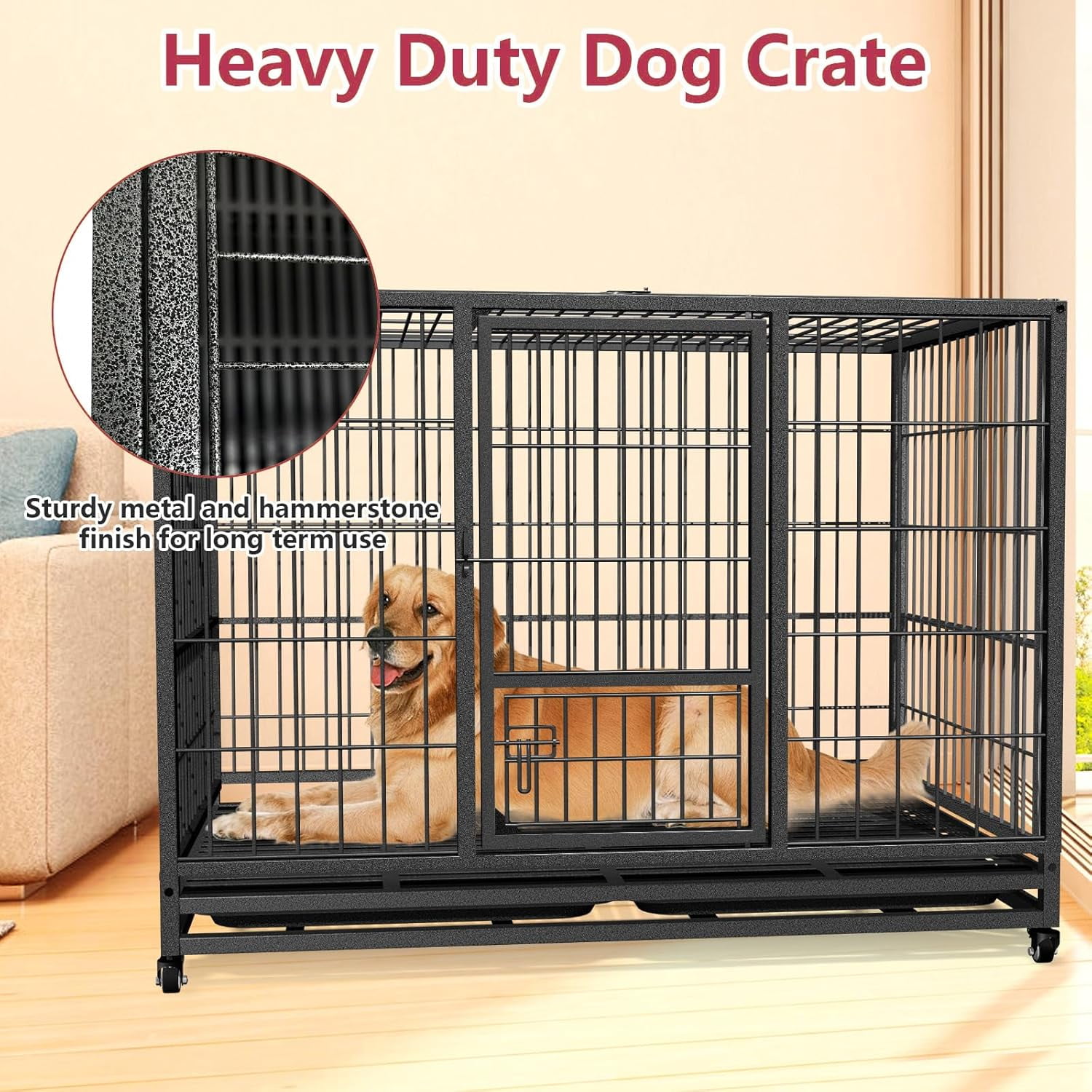 Jhsomdr 42 inch Heavy Duty Dog Crate with Wheels, Indestructible Dog Crate for High Anxiety, Escape Proof Dog Cage Large Dog Kennel with Double Door & Removable Tray