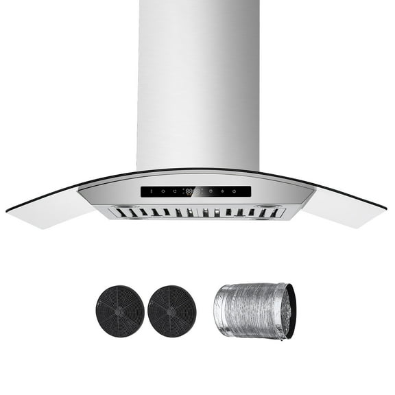 KFFKFF Ceiling Top Suction Cooker Hood, 30-inch Chimney Design, 800 CFM Stainless Steel Kitchen Ventilation with Hand Motion & Touch Commands, LED Illumination, Baffle Filters