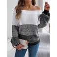 thumbnail image 4 of Women Crochet Knit Casual Color Block Off Shoulder Trendy Sweaters Pullover Lantern Sleeve Warm Tops Black L, 4 of 8