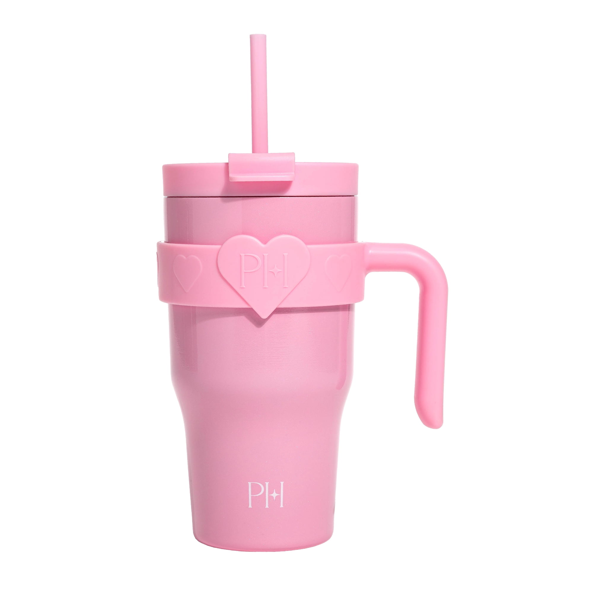 Paris Hilton 20 oz Double-Wall Insulated Tumbler, Includes 2-in-1 Lid & Removable Straw, Removable Heart-Detail Handle, Pink