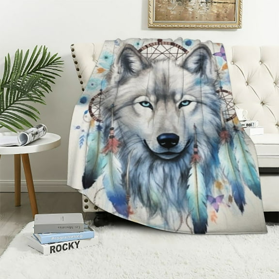 BCIIG Wolf Blanket Gifts Wolf Throw Blanket Cozy Fleece Sherpa Blanket,Wolf Blanket for Kids,Boho Mandala Feather Print Blanket,Blue Tie Dye Sherpa Wolf Theme Blanket Decor 40x50in