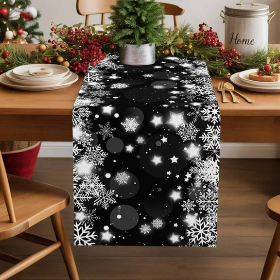 Winter Christmas Snowflakes Table Runner 14x72in Non-Slip Cotton Linen Table Runners, Black and White Dresser Scarves TableRunner for Dinner Kitchen Dining Wedding Party