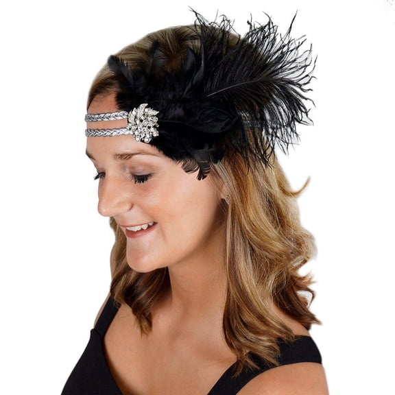 ZUCKER 1920s Headpiece Feather Hair Accessories -New Year Eve, Dress up Party, Costume Accessories, Halloween, Carnival, Crafts - Gatsby Costumes for Woman Flapper Headband - Black/Silver