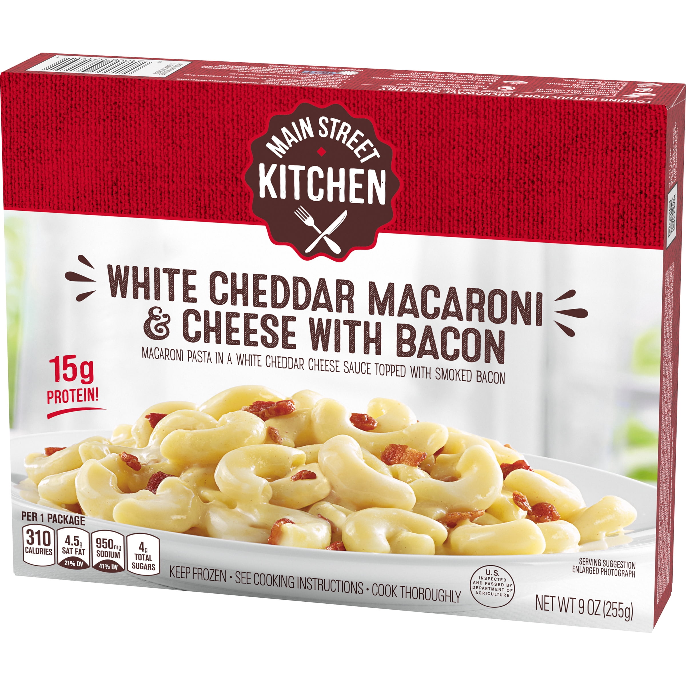 Main Street Kitchen White Cheddar Macaroni Cheese Pasta With Bacon Frozen Meal 9 Oz Box Walmart Com Walmart Com
