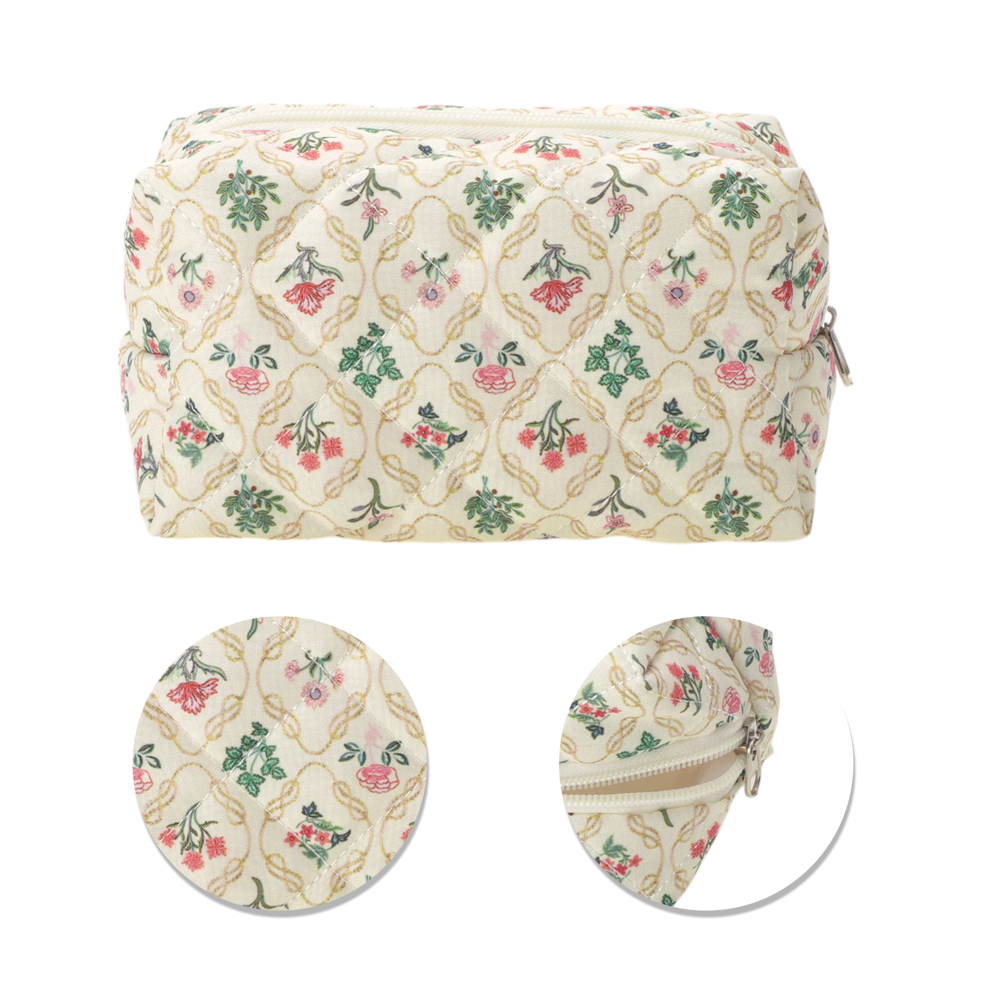 Unique Bargains Quilted Square Flower Makeup Bags Pink Green for Daily Use