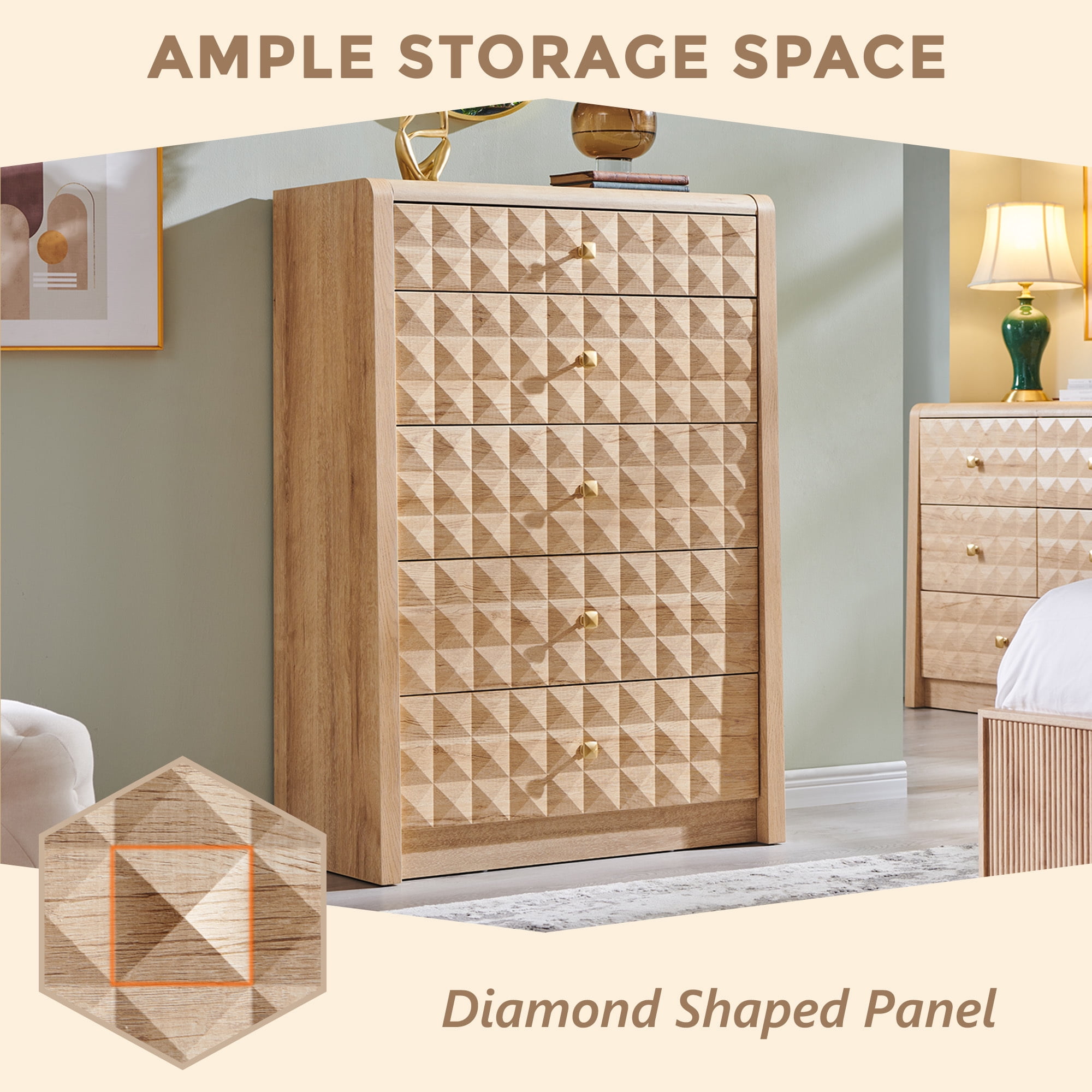 wow97e Modern 5 Drawer Dresser for Bedroom, Wooden Tall Dressers & Chests of Drawers w/Diamond Panel Decorate, Natural