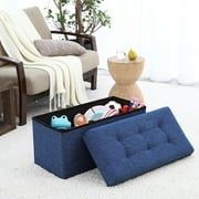 Ornavo Foldable Tufted Linen Large Storage Ottoman Bench Foot Rest Stool/Seat - 15" x 30" x 15"- Navy