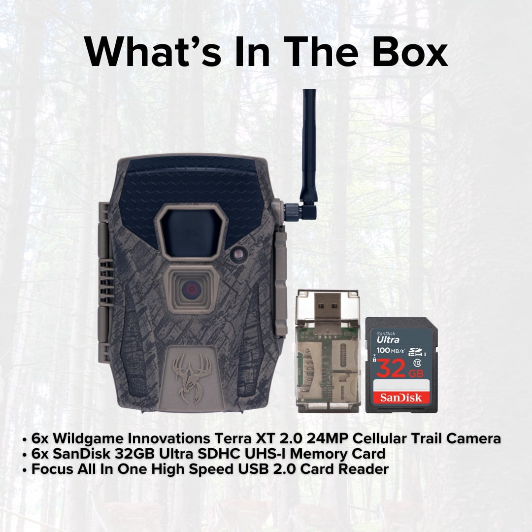 Wildgame Innovations Terra XT 2.0 24MP Three Cellular Trail Cameras (2-Pack) Bundle with 32GB Ultra SDHC UHS-I Memory Card (100MBps) (6-Pack), and All-In-One High-Speed Card Reader (9 Items)