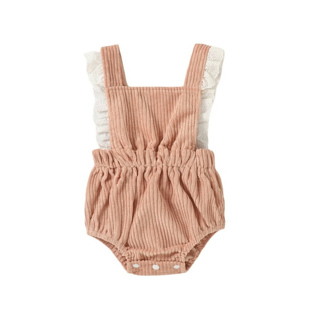 Xingqing Infant Baby Girls Rompers Ruffles Lace Sleeveless Solid Color Corduroy Backless Jumpsuits Pink 12-18 Months