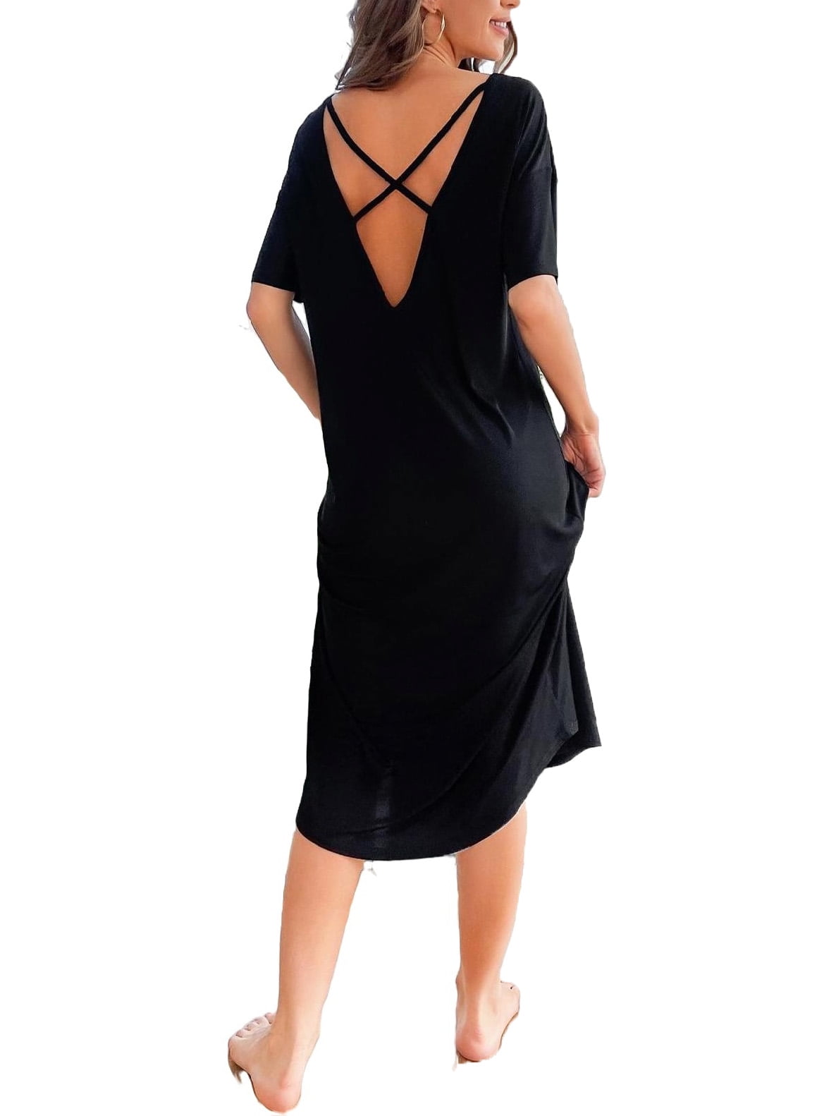 Casual Solid Scoop Neck Lounge Dress Short Sleeve Black Color Women's
