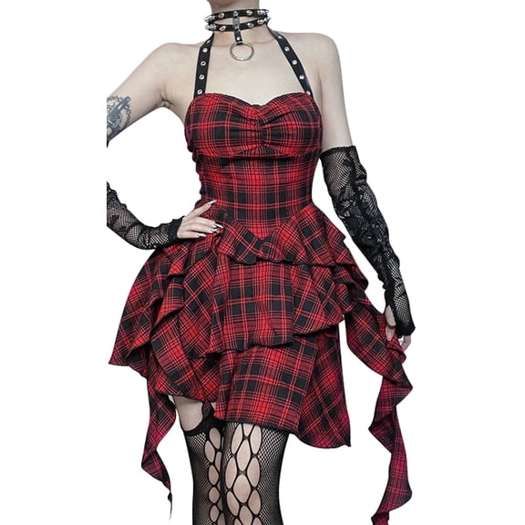 FEOYA Womens Gothic Plaid Dress Punk Goth Dresses Vintage Y2k Dress Red Steampunk Plaid Dress Irregular Backless Dress Hanging Neck Clothes Sleeveless High Waisted S