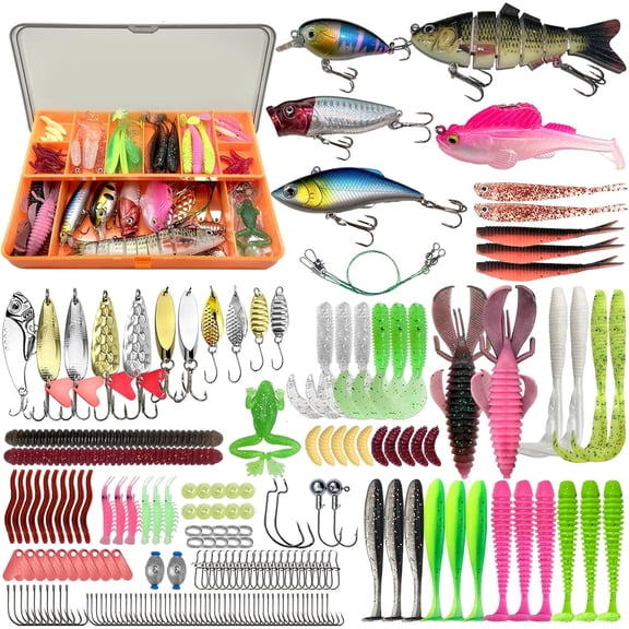 193‑Piece Fishing Lures Tackle Kit with Tackle Box, Frogs Minnows Soft Baits Hooks Weights, Freshwater Fishing Gear for Bass Trout, Gift for Men