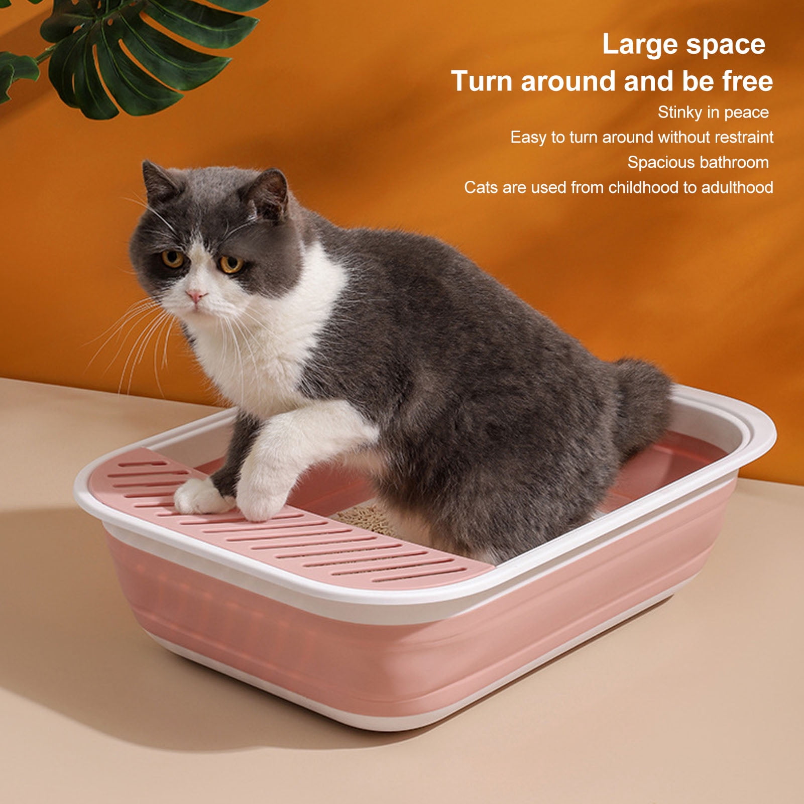 BIMZUC Folding Semi Enclosed Cat Litter Box with Scoop Splash Proof Kitten Toilet Bedpan, 18.1 inches / 46 cm Length, Portable Pet Potty Pan for Indoor Cats & Small Pets, Pink