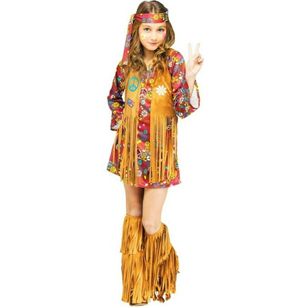 Peace & Love Hippie Kids Costume, This costume includes a dress with attached fringe vest, matching headband, and fringe boot covers. Does not.., By Fun World Costumes