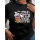 thumbnail image 1 of Camiseta informal de Halloween para mujer: cómoda camiseta de manga corta con cuello redondo y diseño de té con leche y letras, algodón elástico, lavable a máquina., 1 of 6