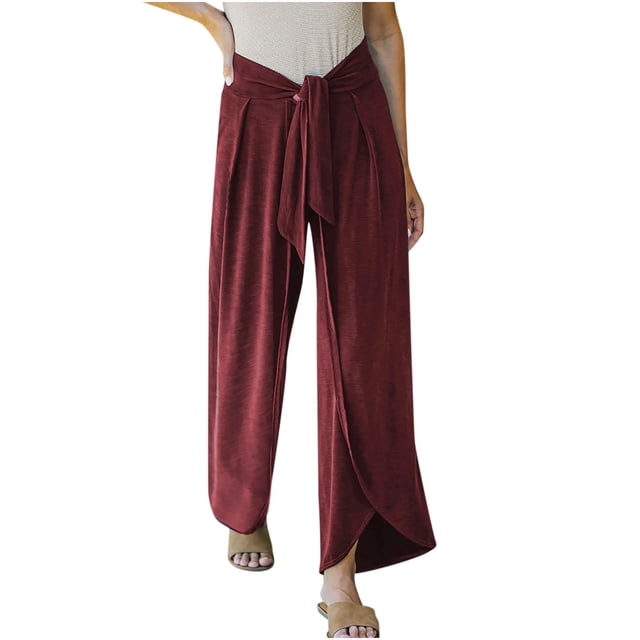 Timegard Womens Wide Leg Pants High Waisted Tie Ruched Split Sweatpants Casual Loose Workout Trousers