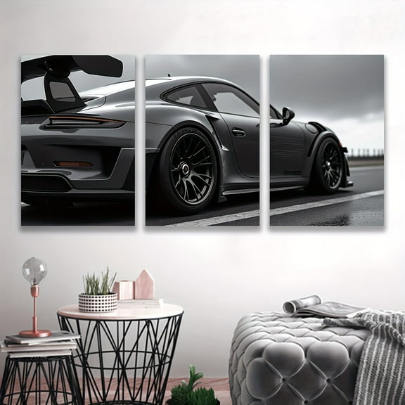 [Frameless Canvas Wall Art] 3pcs Frameless Canvas Wall Art - Black & White Sports Car Photography, Modern Art Deco Vertical Triptych, High-Quality Print for Living Room, Office, Bedroom Decor - Perf