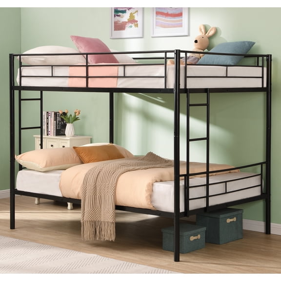 DeepRoar Full over Full Bunk Bed, Metal Bunk Bed Frame with 2 Ladders, Convertible Bunk Beds for Teens and Adults, Space Saving Bunk Bed for Bedroom, Dorm, No Box Spring Needed, Noise Free, Black