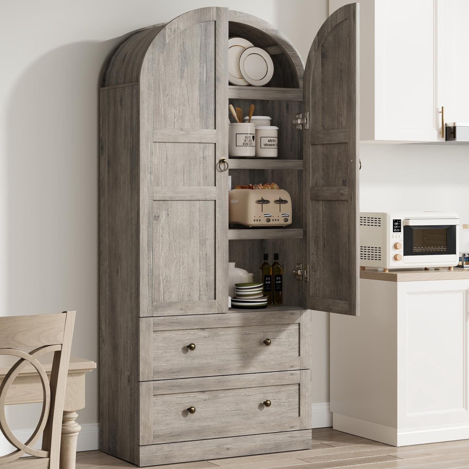 COZONY 72" Tall Arched Kitchen Pantry Cabinet, Farmhouse Wooden Storage with 2 Drawers & Wood Doors, Freestanding Buffet for Dining & Living Room,Gray