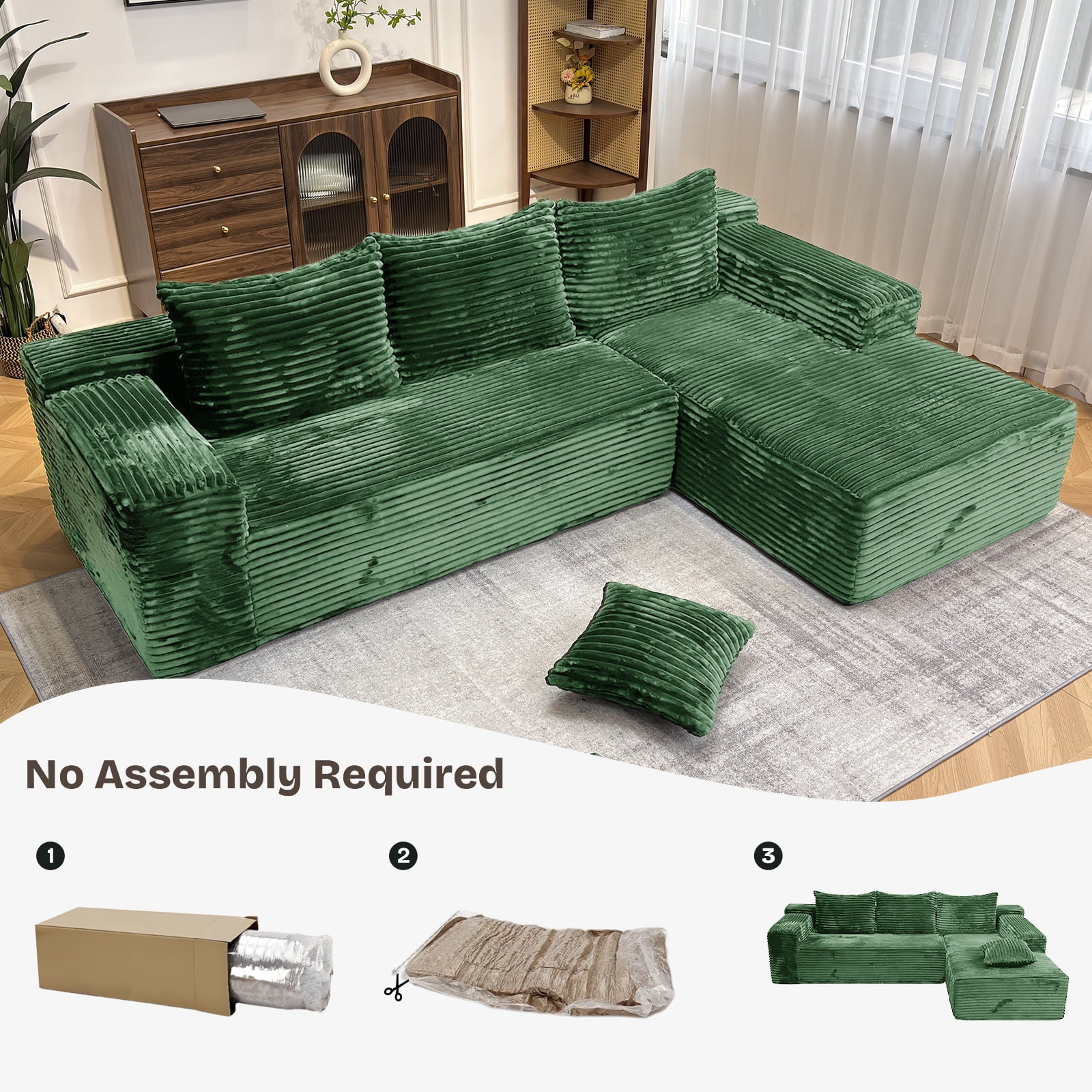Kelyda 104'' Modular L-Shaped Sectional Sofa, Modern Memory Foam Deep Seat Corduroy Boneless Cloud Couch Green