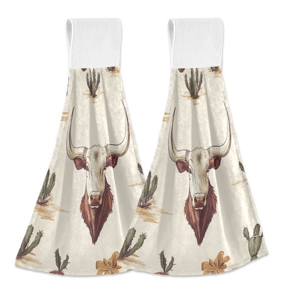 Yayeee Kitchen Hanging Hand Towels Set of 2 with Loop Bathroom Absorbent Tie Towel, Beige Cowboy Pattern