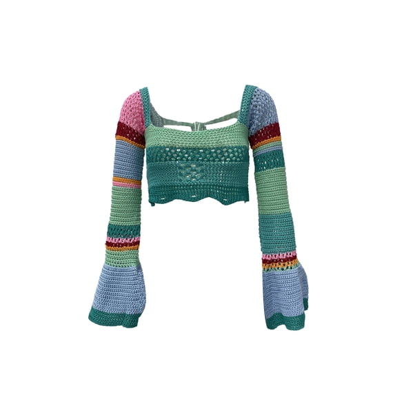 Boiiwant Women Knitted Crop Tops Flared Long Sleeve Square Neck Tie Up Drawstring Knitwear Color Block Crochet Hollow-out Short Sweater