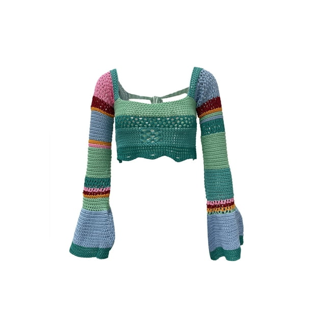 VISgogo, blusas cortas de punto para mujer, manga larga acampanada, prendas de punto de ganchillo, camisa de retazos, ropa de calle con cordón en la espalda VISgogo moda
