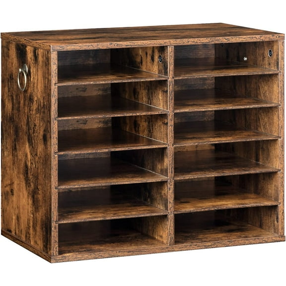 Literature Organizers, 12 Compartments Office Mailbox with Adjustable Shelves, Wood Countertop Literature Sorter for Office, Home, Classroom, Mailrooms Organization Rustic Brown