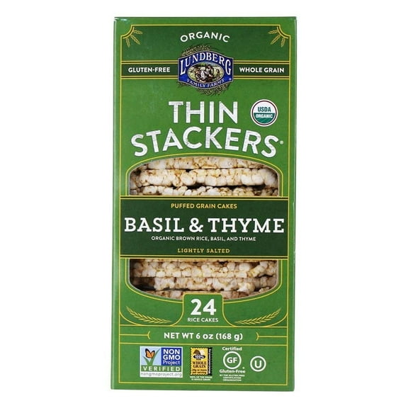 Lundberg, Organic Thin Stackers, Puffed Grain Cakes, Basil & Thyme, Lightly Salted, 24 Rice Cakes, 6 oz (168 g) Pack of 3