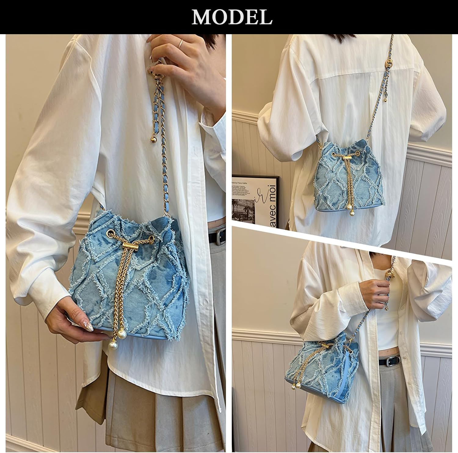 CoCoMangos Denim Bucket Bag, Jean Purses for Women Denim Crossbody Bags Hobo Bag Drawstring Handbag