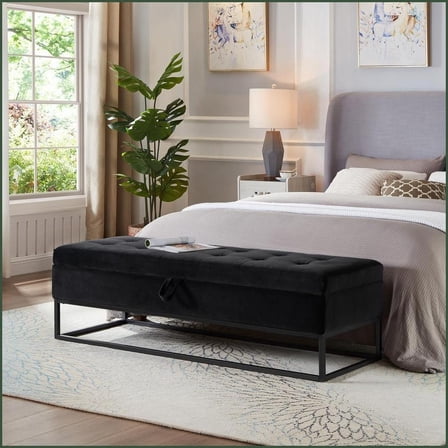 58.6” Storage Bed Bench with Metal Base | Black | Velvet