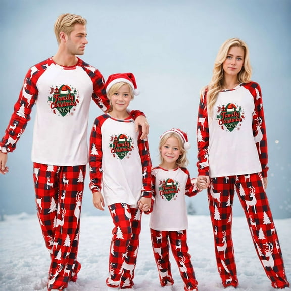 Odeerbi Christmas Pajamas for Family Holiday Long Sleeve Family Christmas Pajamas Matching Sets Dad Casual Printed Top Pants Outfits Loungewear Two-Piece Sleepwear Xmas PJs Set Red